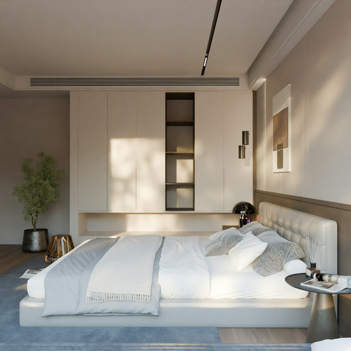 Modern bedroom with a large bed and minimalist decor