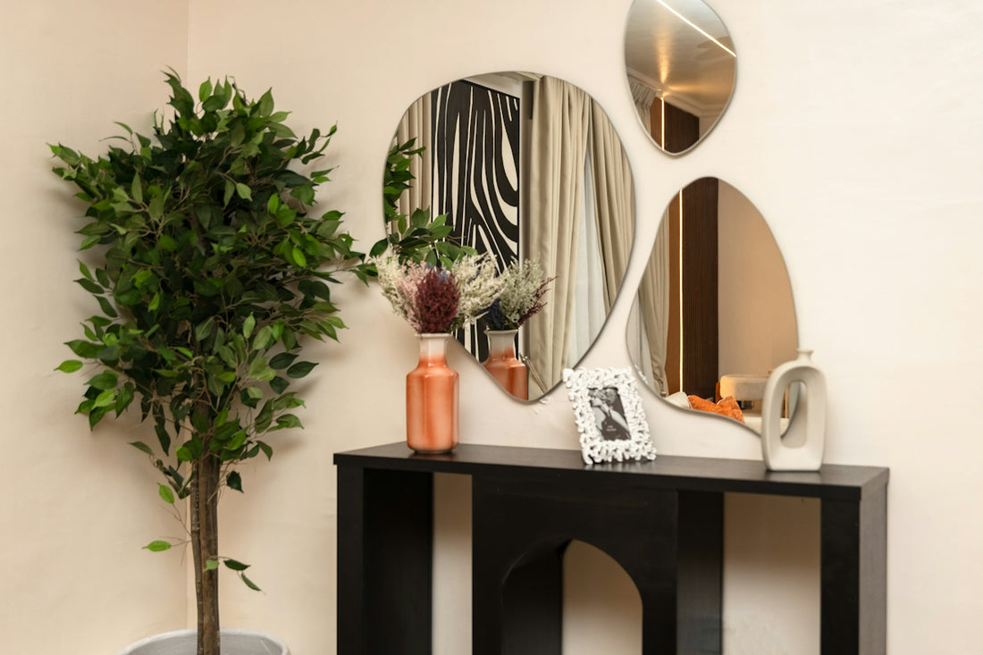 Modern console table with abstract mirrors and a green plant