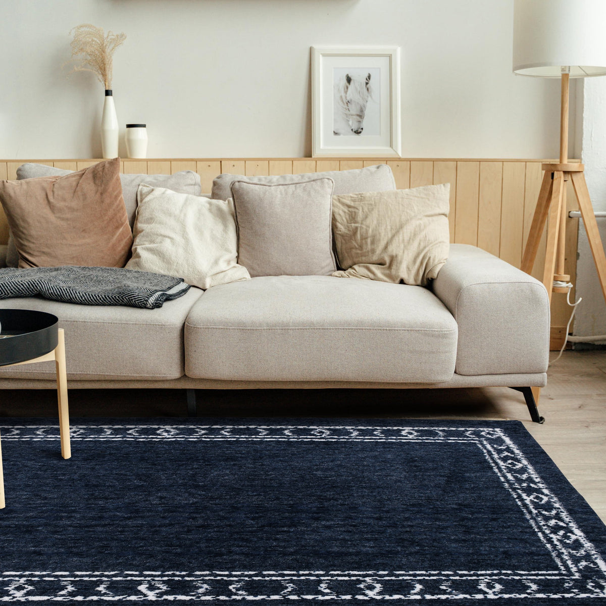 Velmora™ Washed Indigo Bordered Tufted Washable Area Rug, 5 ft x 7 ft