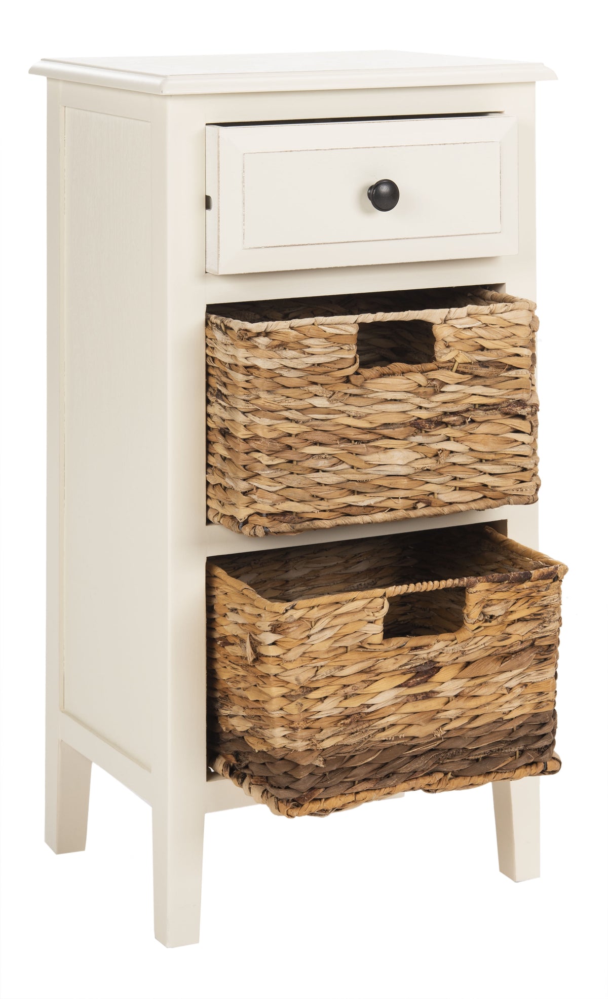 Velmora™ Everly Contemporary Side Table with Drawer and Two Baskets, Distressed White