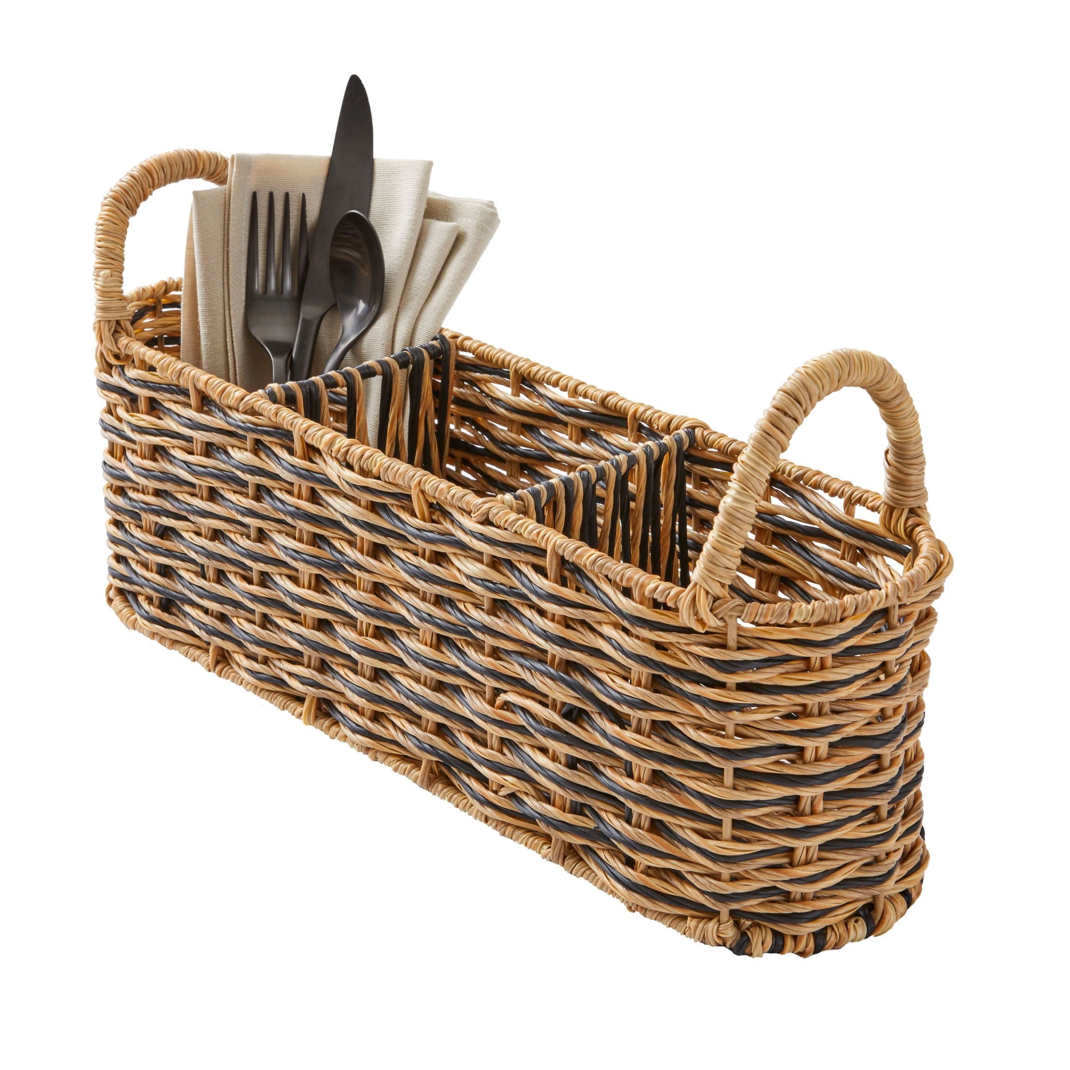 Velmora™ (2 pack) Beige & Black Resin Rattan Oval Utensil Caddy With Metal Frame