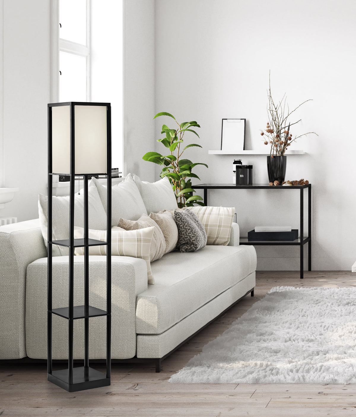 Velmora™ 62 Inch Floor Lamp With Black Plastic Shelves and Sustainable White Fabric Shade