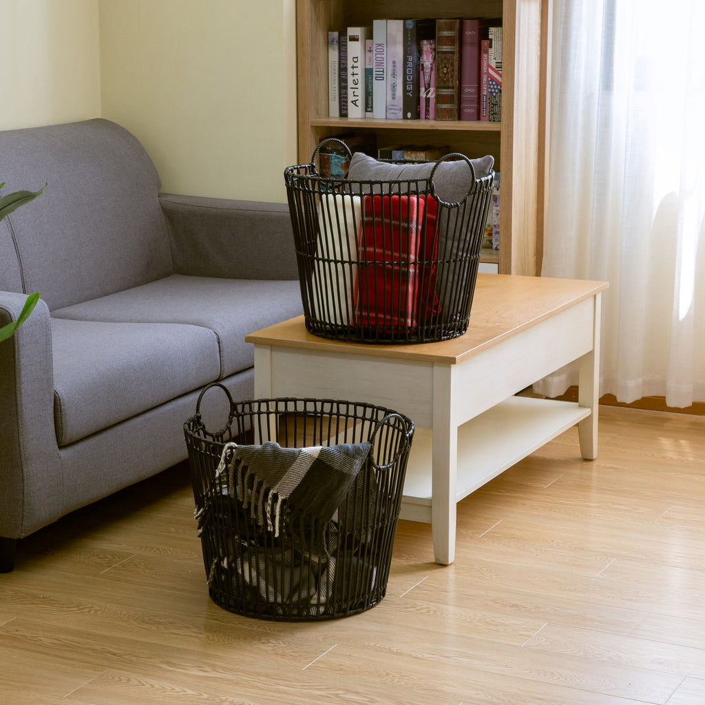 Velmora™ Large Black Poly Rattan Storage Baskets with Handles, Set of 2