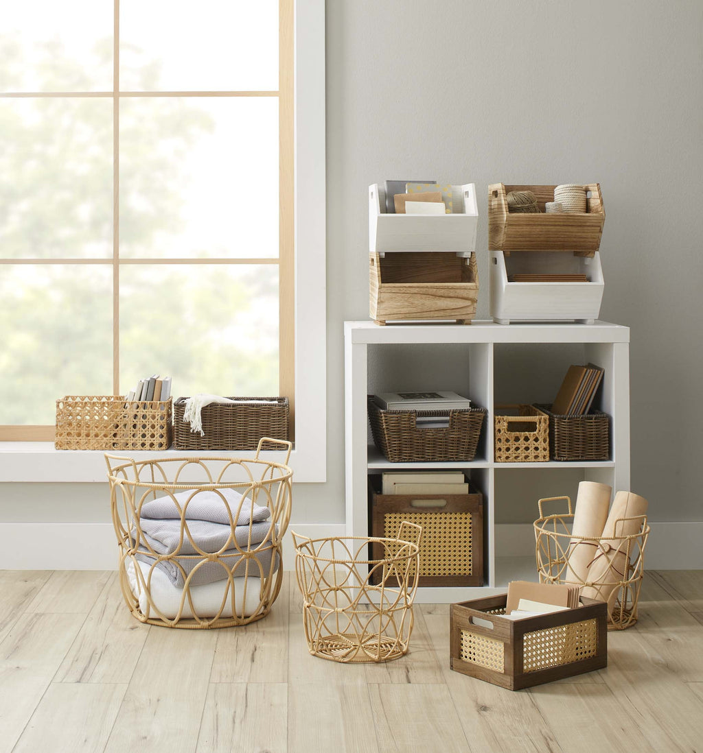 Velmora™ 2-Piece Set Natural Wood Stacking Open Front Decorative Storage Bins, 11 in x 16.5 in x 10 in