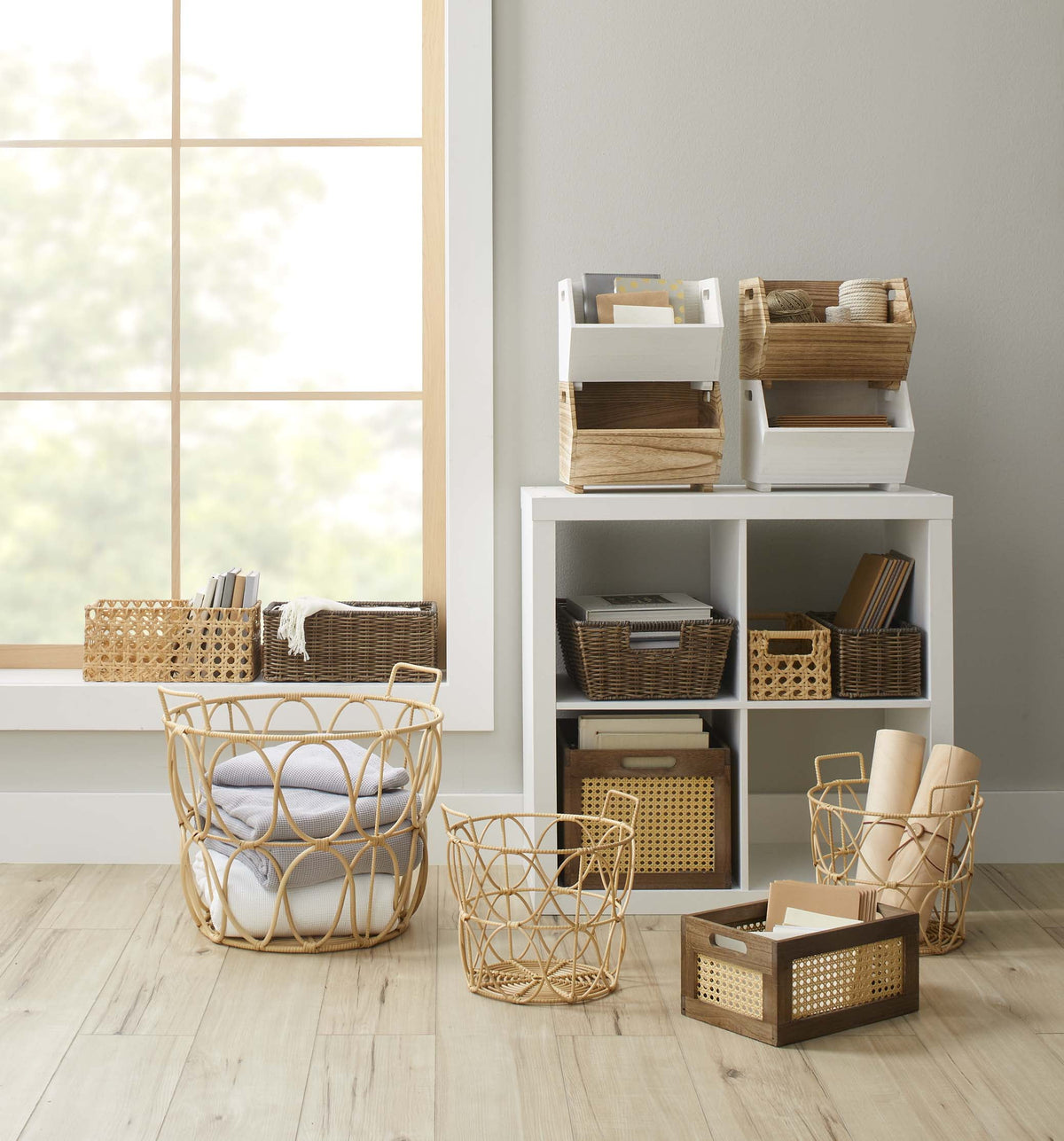 Velmora™ 2-Piece Set Natural Wood Stacking Open Front Decorative Storage Bins, 11 in x 16.5 in x 10 in