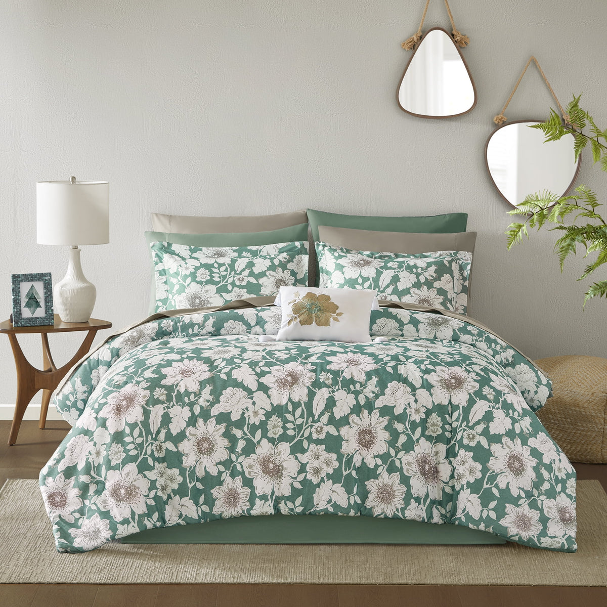 Velmora™ Reversible Bed-in-a-Bag Bedding Set, 11 Pieces, Queen, Green Floral