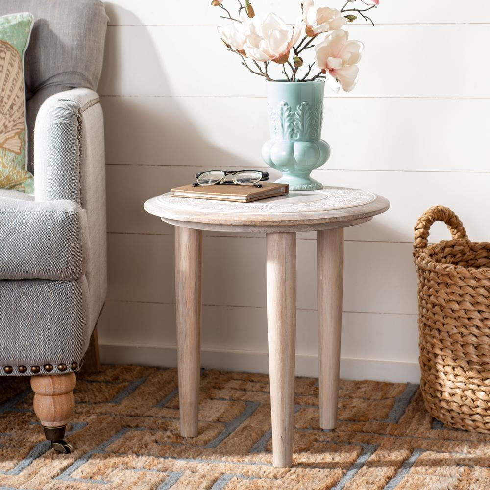 Velmora™ Rehnuma Bohemian Carved Side Table, White Wash