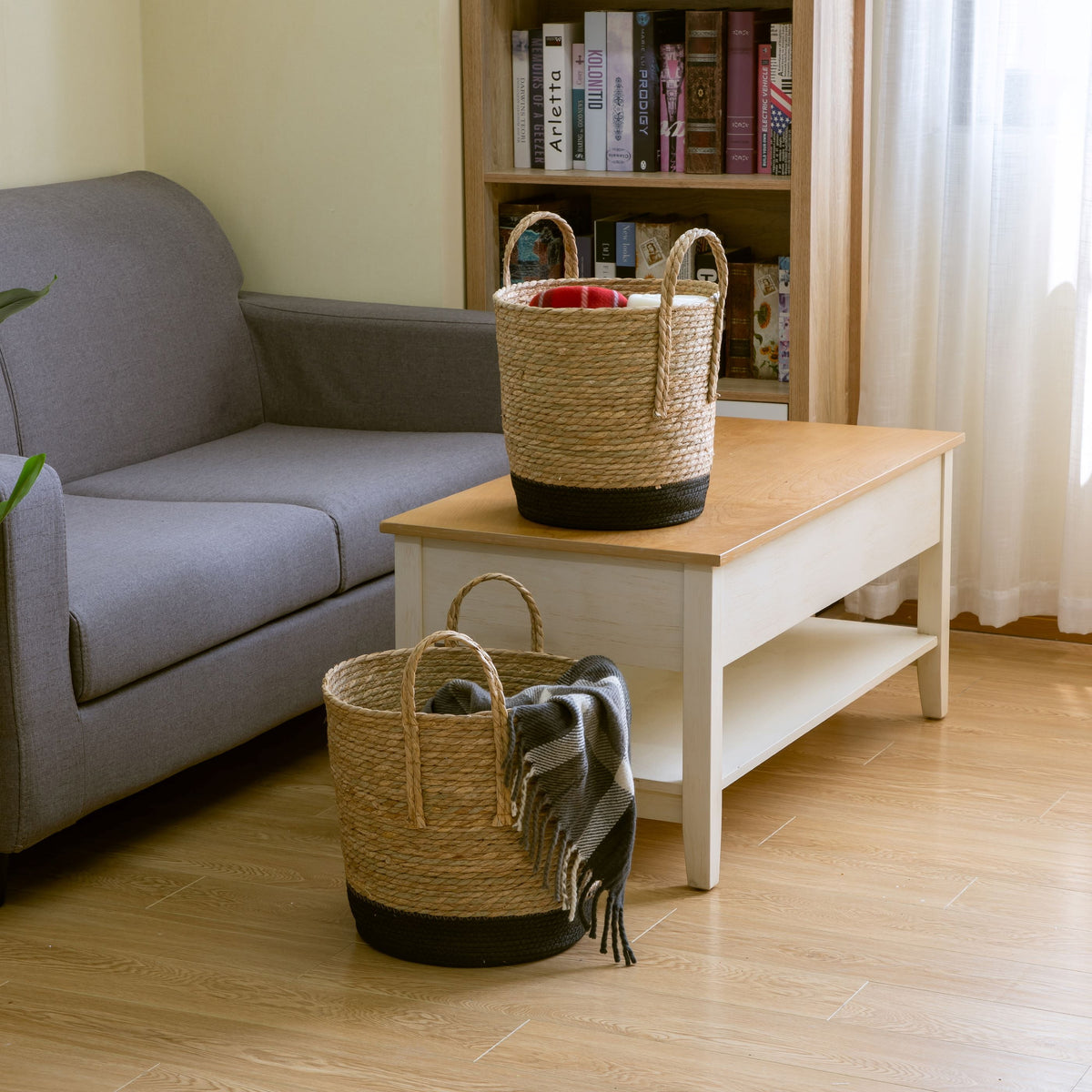 Velmora™ Natural and Black Round Rush Baskets, Set of 2