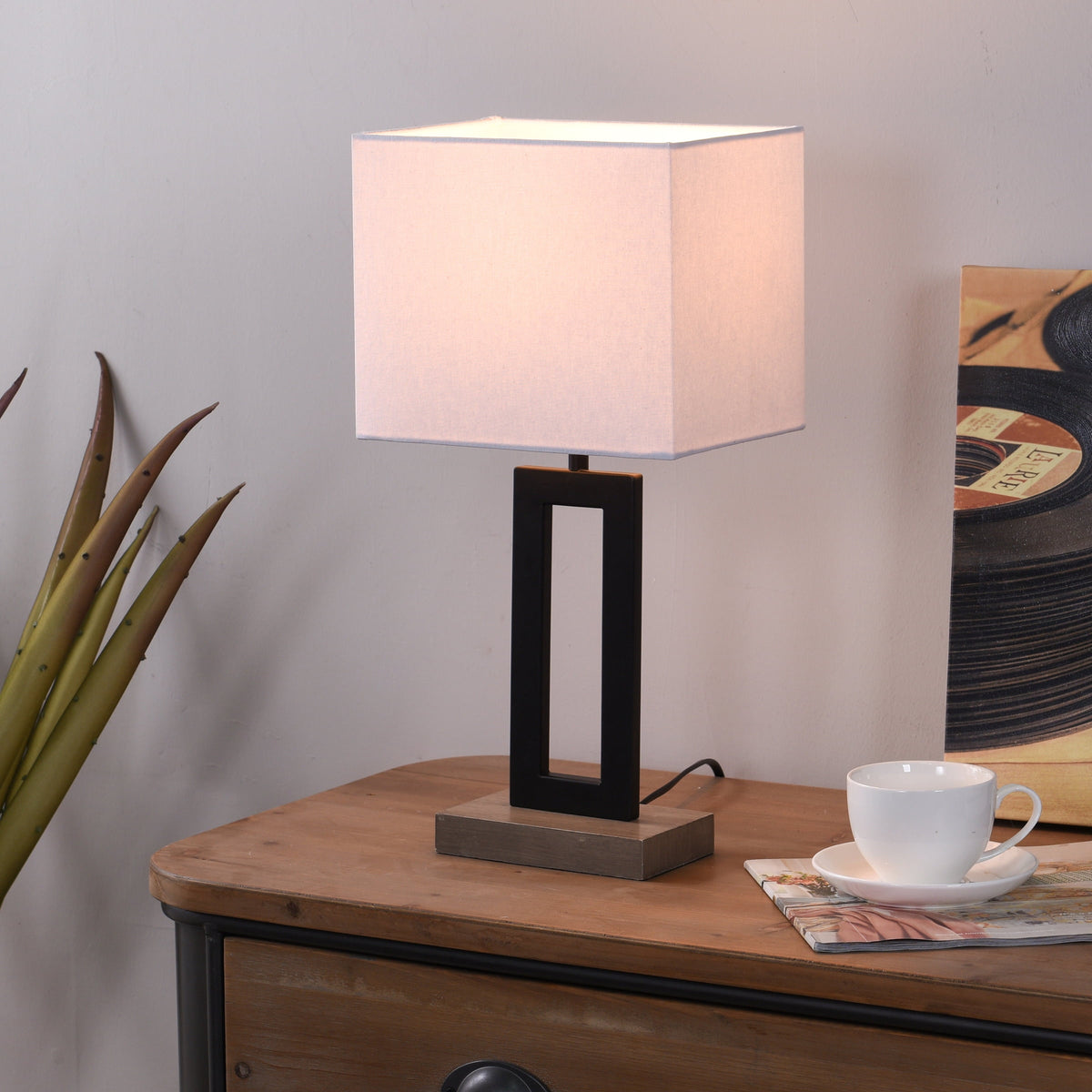 Velmora™ 18 in Metal Windowpane Table Lamp, Black Finish with Faux Wood Base