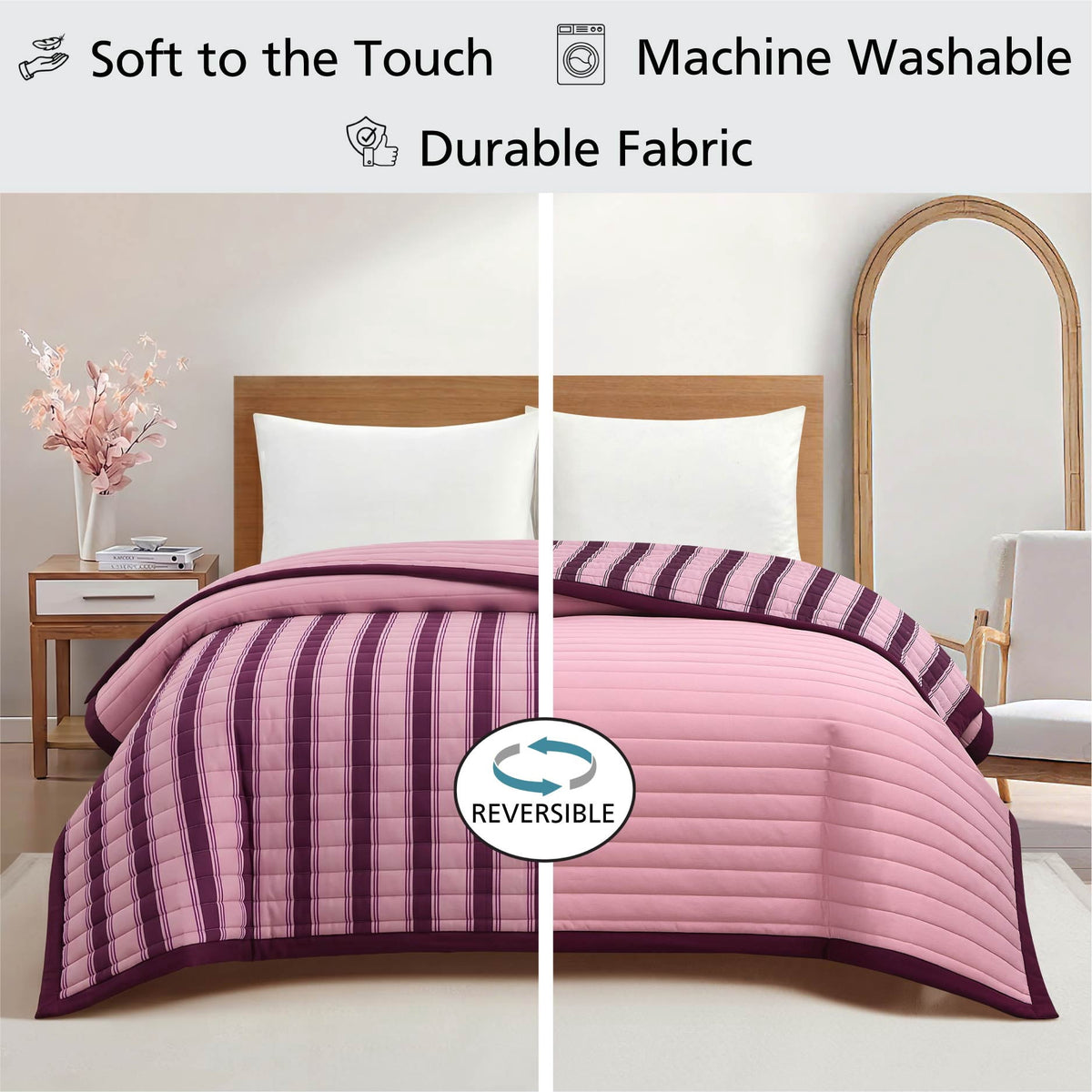 Velmora™ Pink Striped Reversible Quilt, Full/Queen, 86" x 90"