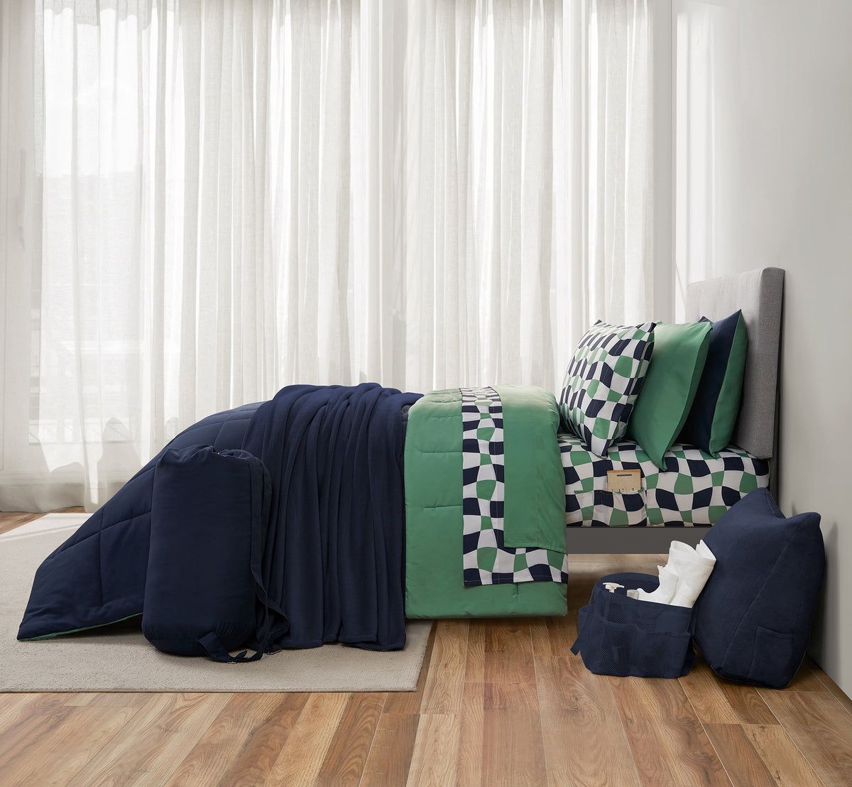 Velmora™ Dorm Essentials 14-Piece Bed-in-a-Bag Comforter Set, Twin-XL, Reversible Navy/Green
