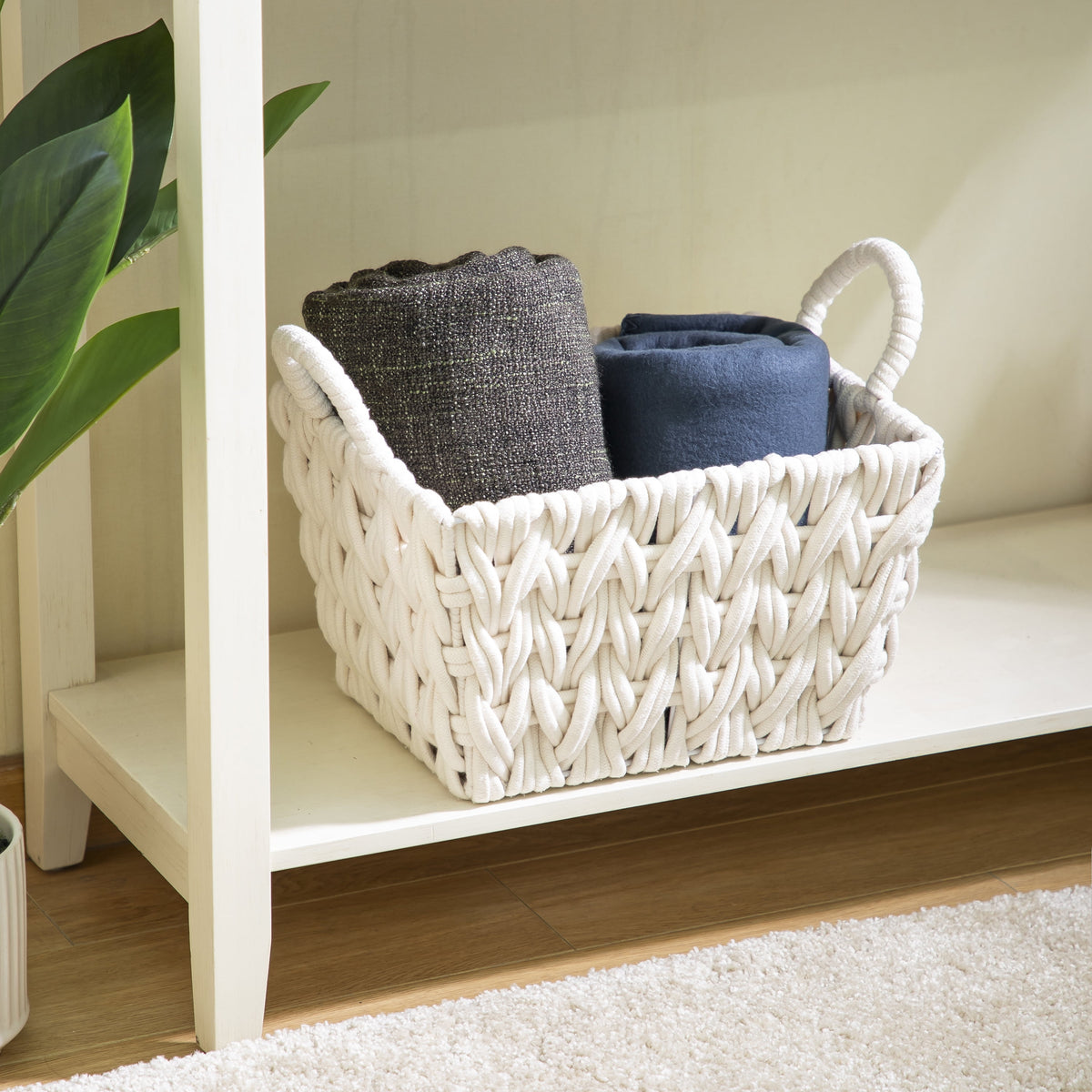 Velmora™ (2 pack) Medium White Woven Rope Decorative Storage Basket with Handles, 14.3 in x 11 in x 9 in