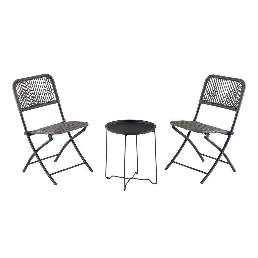 Velmora™ 3-Piece Steel and Wicker Rope Folding Outdoor Patio Bistro Set, Gray/Black