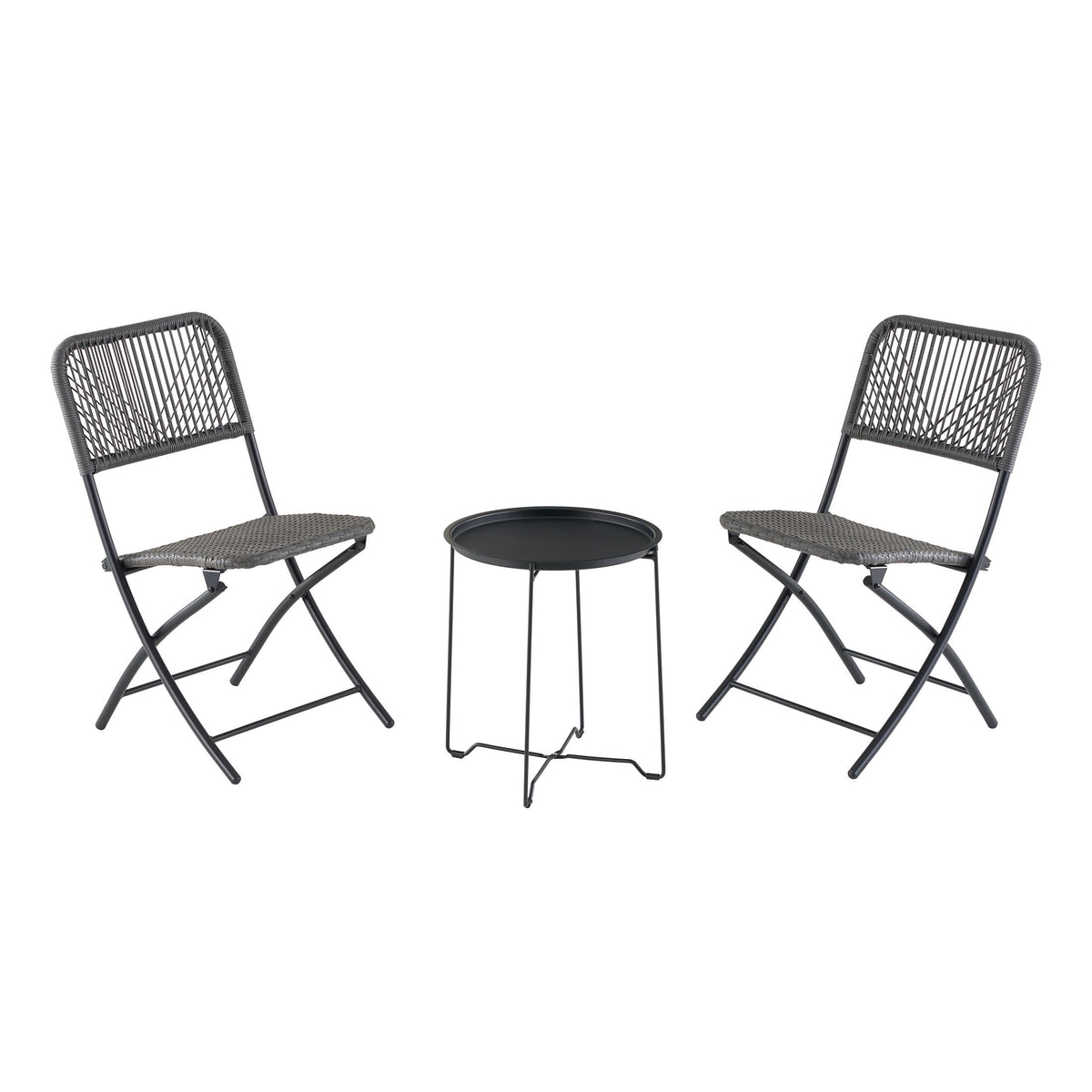 Velmora™ 3-Piece Steel and Wicker Rope Folding Outdoor Patio Bistro Set, Gray/Black