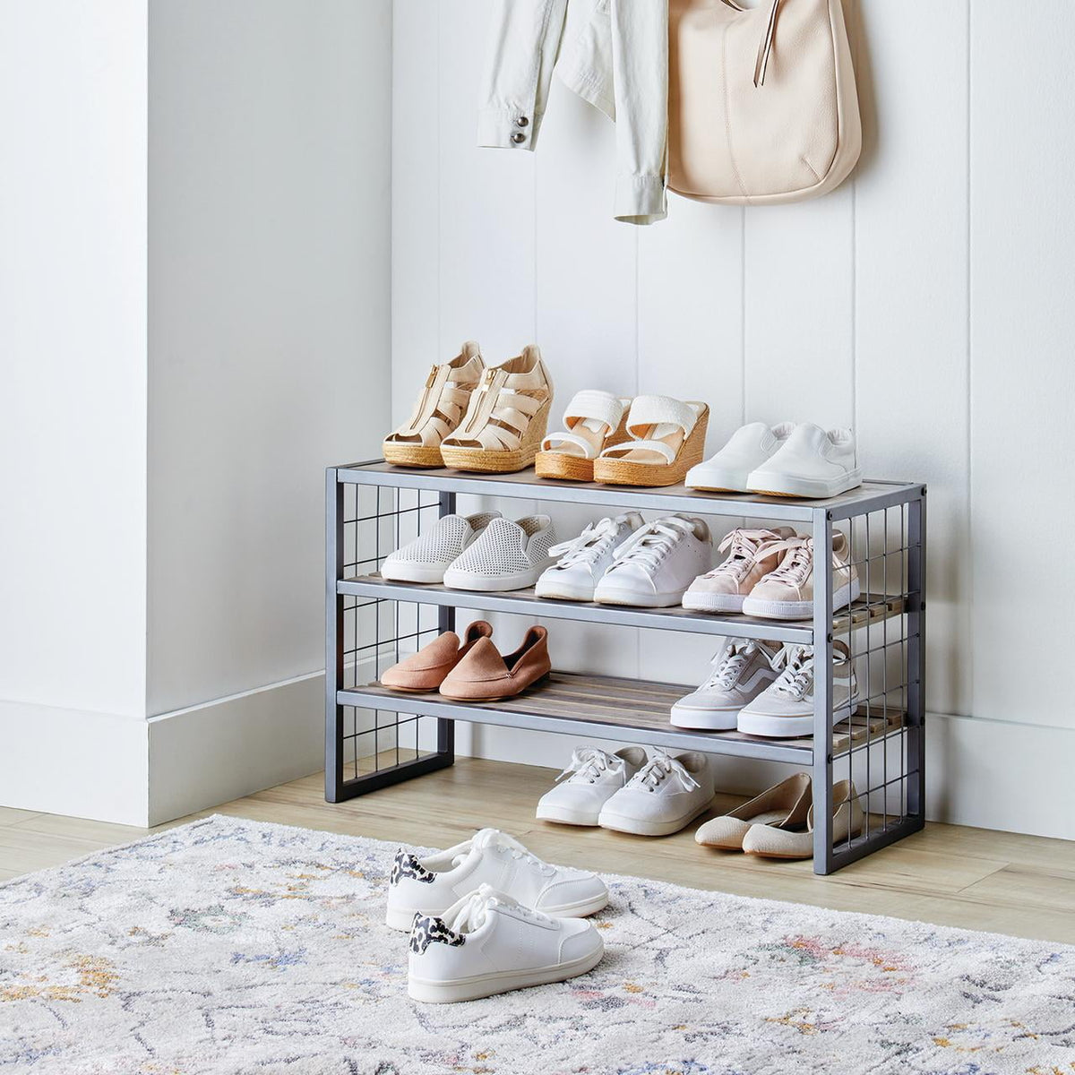 Velmora™ (3 pack) Decorative Gunmetal Grey Wood and Metal Shoe Rack