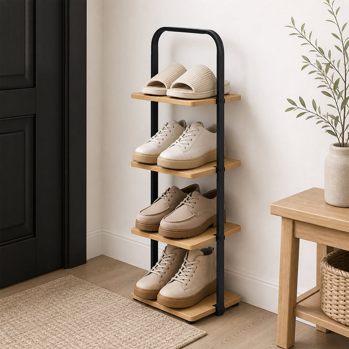 Velmora™ Juliet 4-Tier Wooden Shoe Ladder for Shoe Storage, Black and Light Honey Wood, Holds up to 4 Pairs