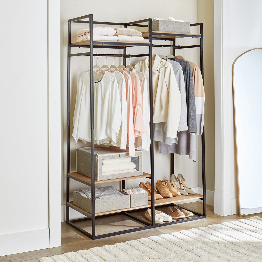 Velmora™ Jace Freestanding Metal 2-Rod Garment Clothes Rack with 4 Wooden Shelves, Black