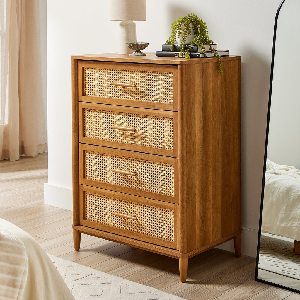 Velmora™ Springwood 4-Drawer Dresser with Caning Look, Light Honey