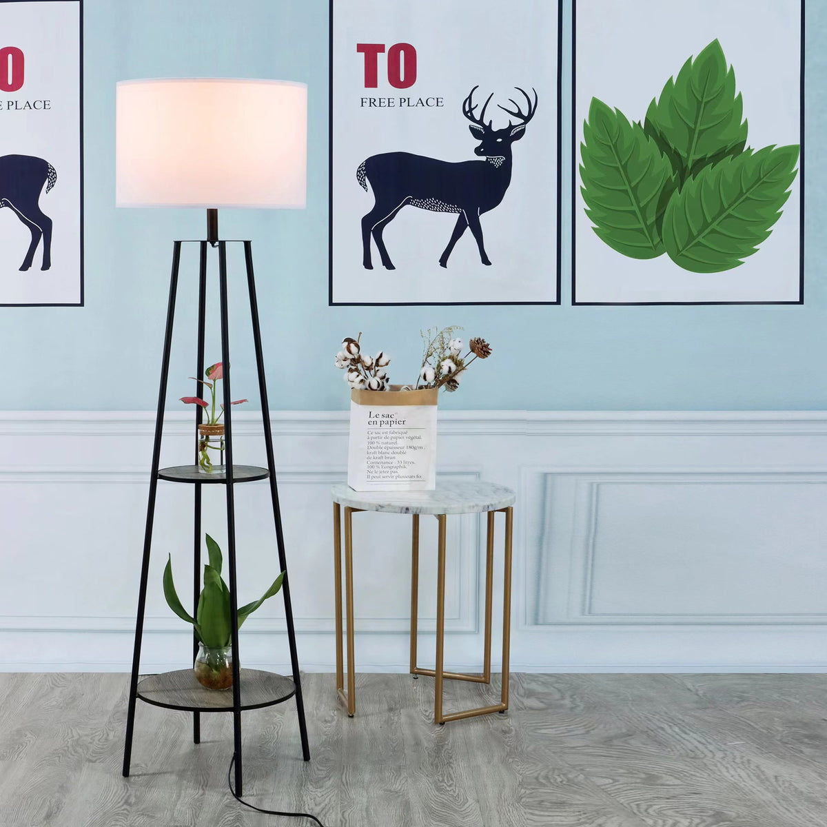 Velmora™ Etagere 62" Matte Black Mid-Century Style Floor Lamp, with 2 Wood Shelves