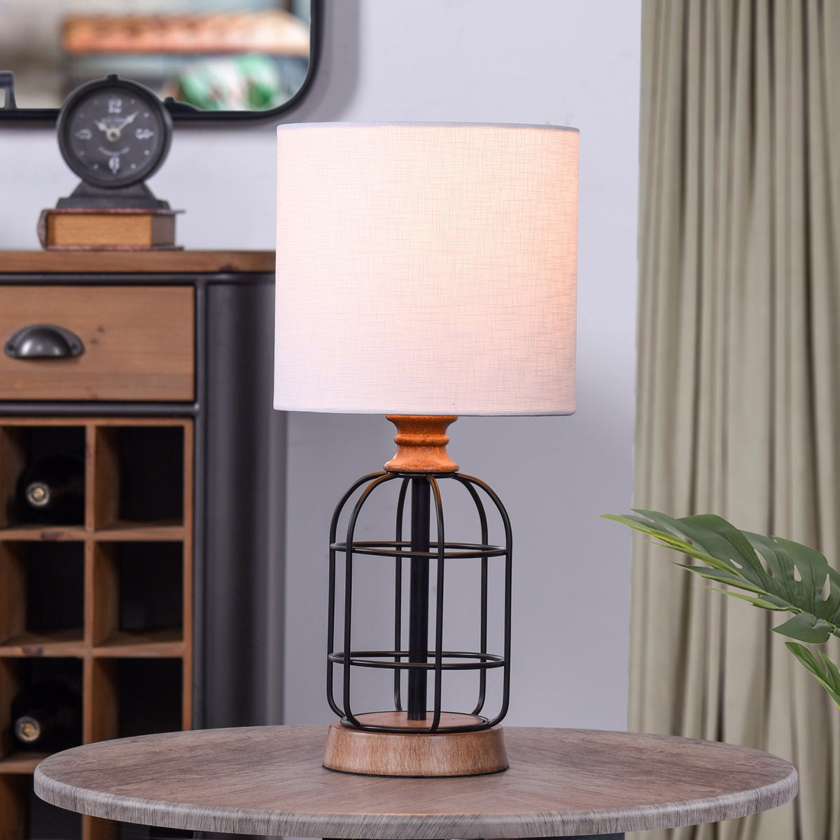 Velmora™ Black Metal Cage Table Lamp with Wood Accents and Drum Shade, 17"
