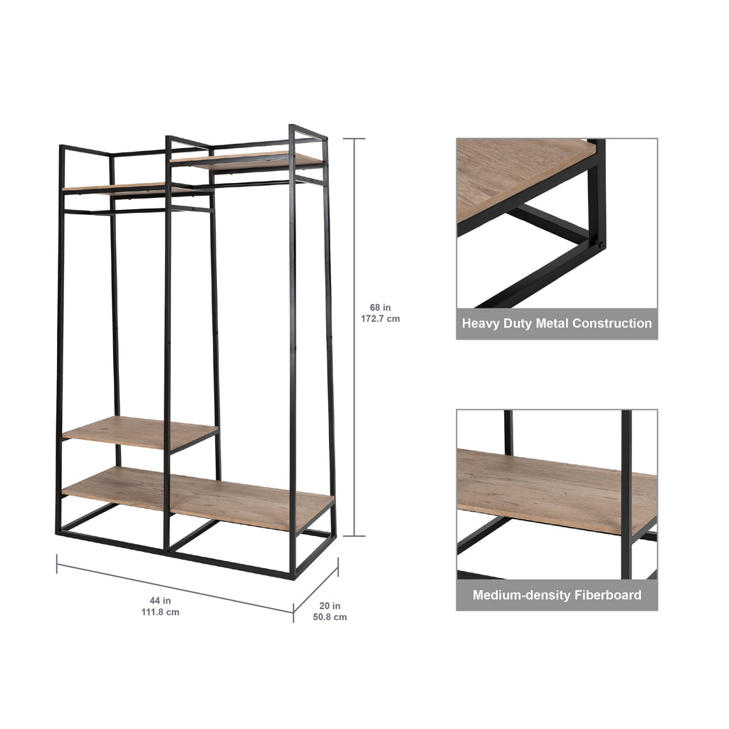 Velmora™ Jace Freestanding Metal 2-Rod Garment Clothes Rack with 4 Wooden Shelves, Black