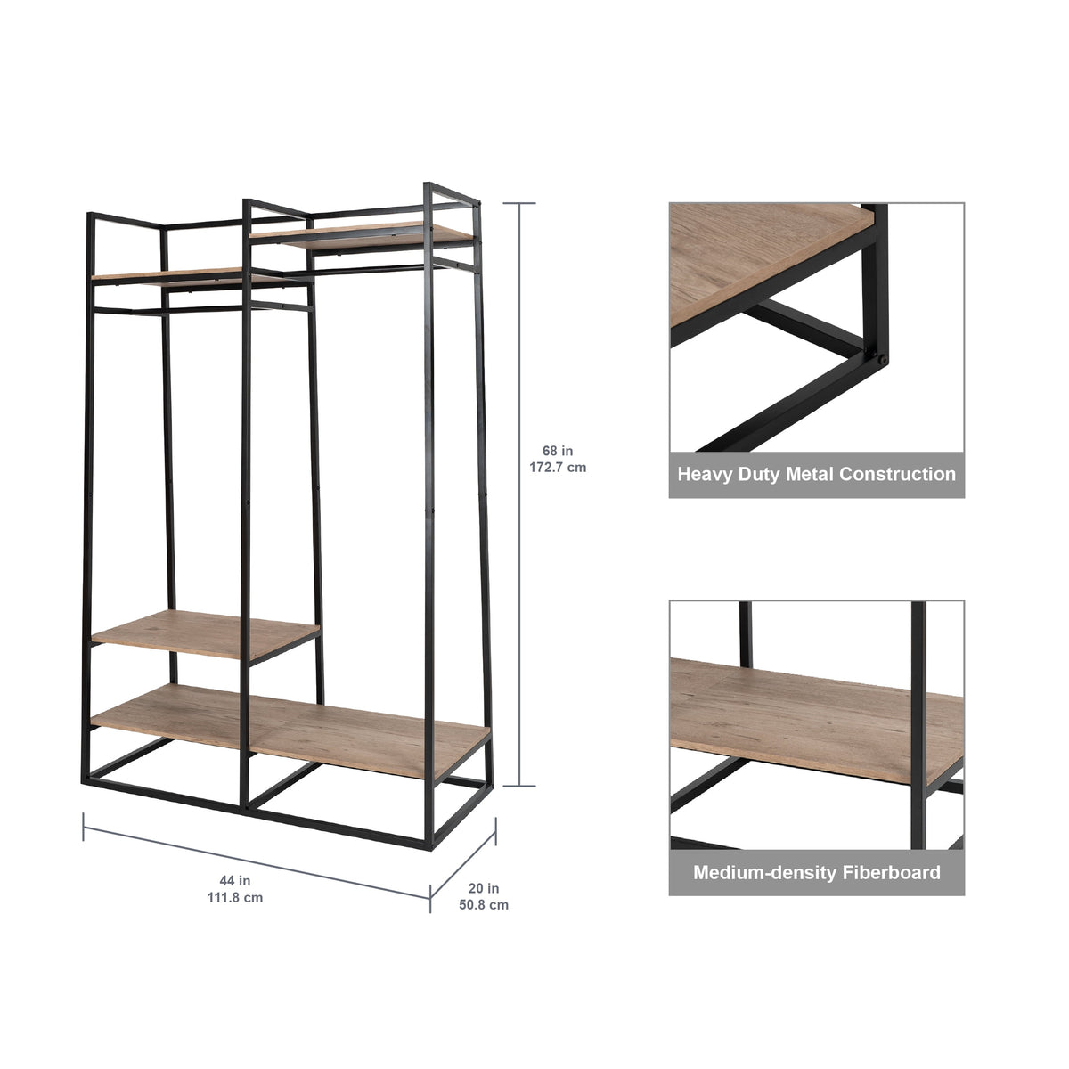 Velmora™ Jace Freestanding Metal 2-Rod Garment Clothes Rack with 4 Wooden Shelves, Black