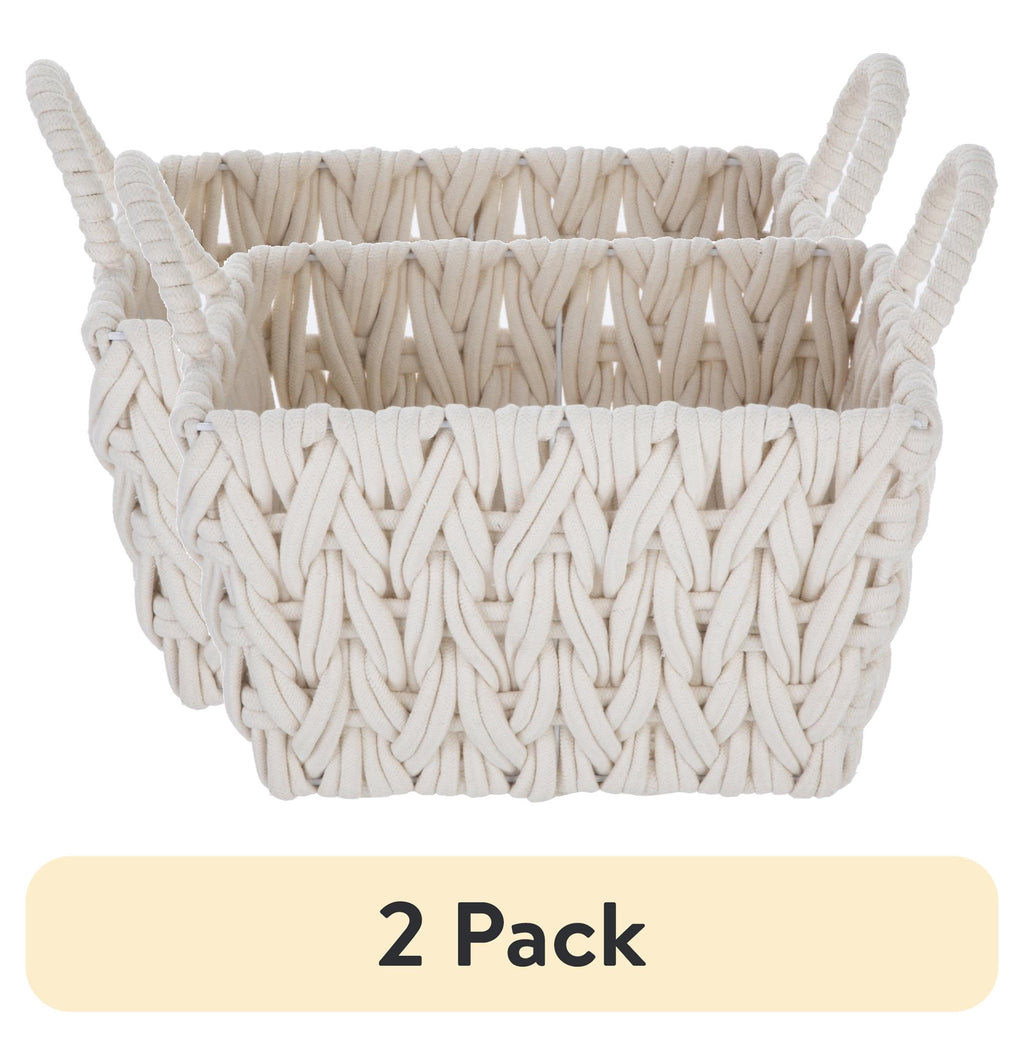 Velmora™ (2 pack) Medium White Woven Rope Decorative Storage Basket with Handles, 14.3 in x 11 in x 9 in