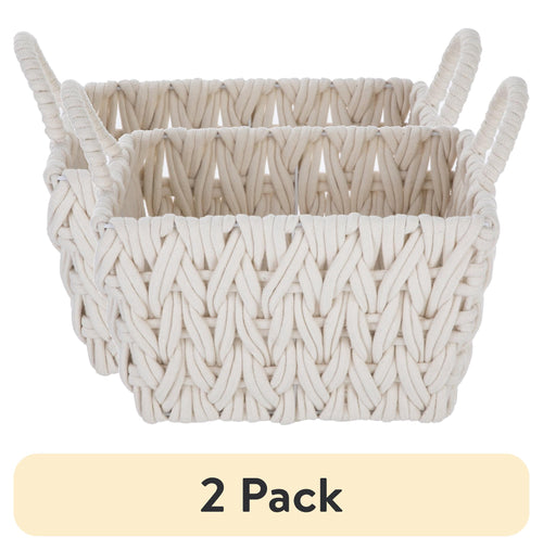Velmora™ (2 pack) Medium White Woven Rope Decorative Storage Basket with Handles, 14.3 in x 11 in x 9 in