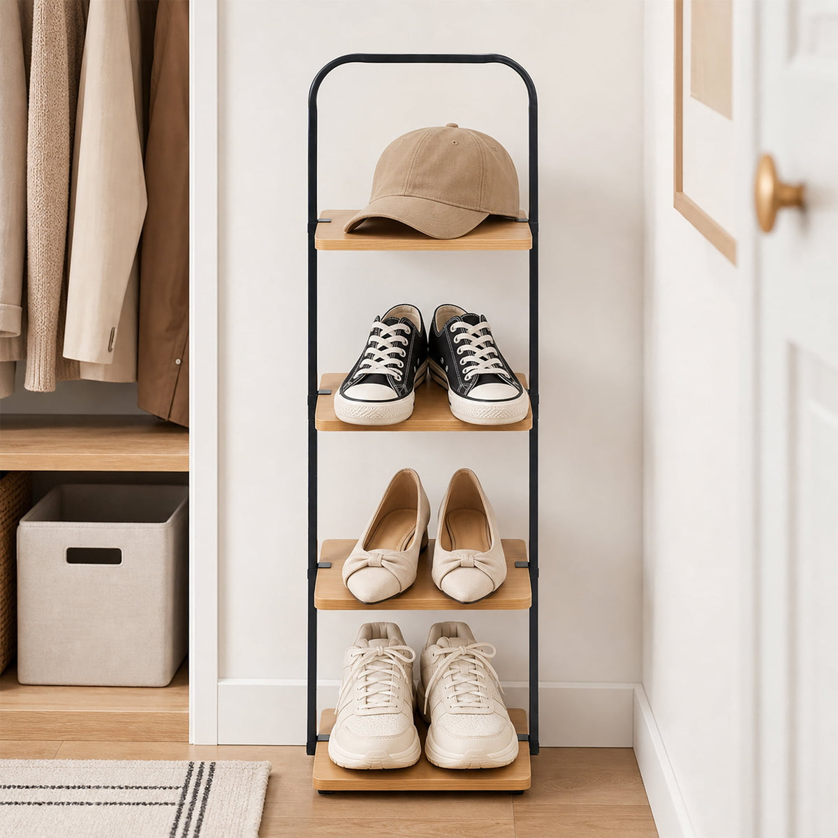 Velmora™ Juliet 4-Tier Wooden Shoe Ladder for Shoe Storage, Black and Light Honey Wood, Holds up to 4 Pairs