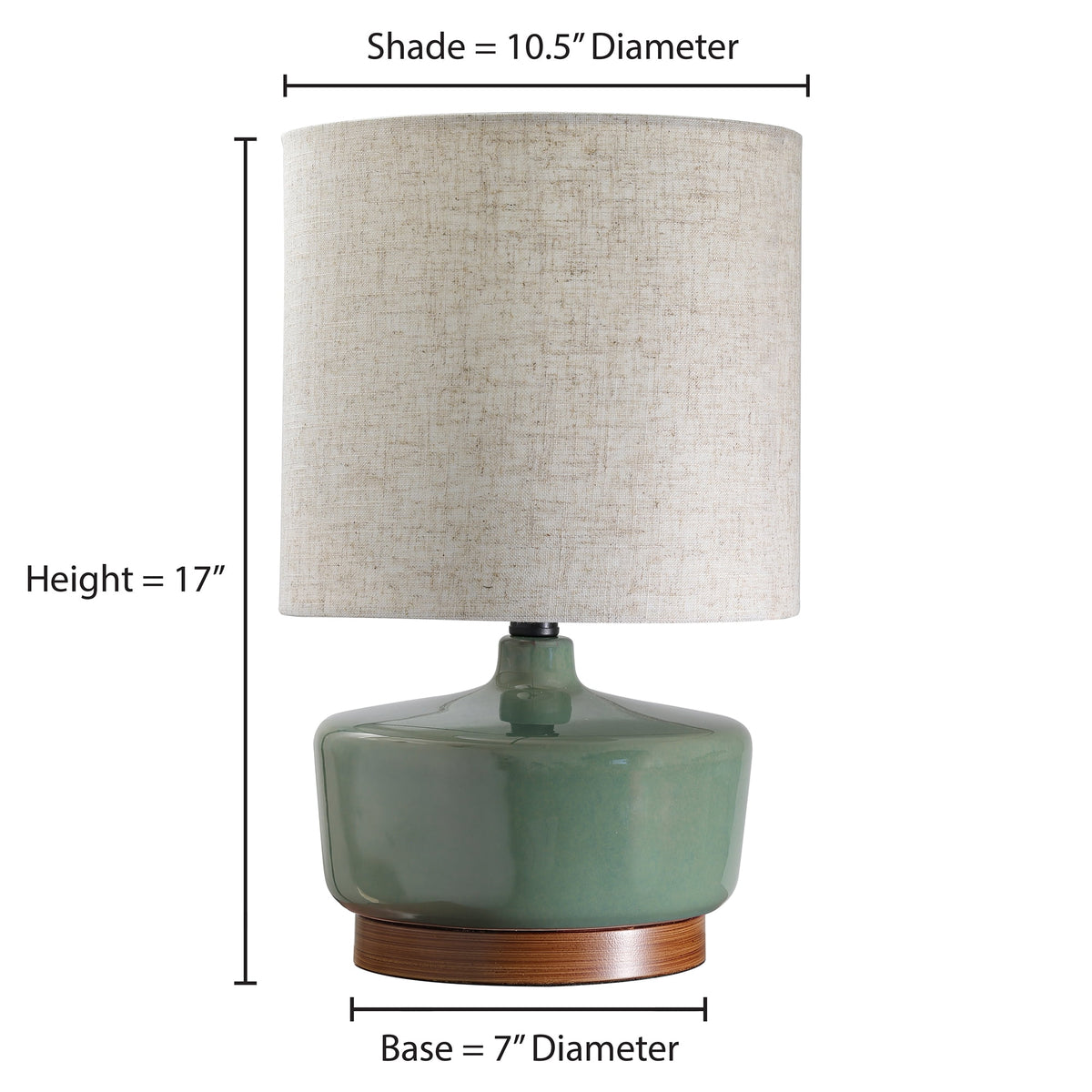 Velmora™ 17 in Mid-Century Green Ceramic Table Lamp with Wood Base