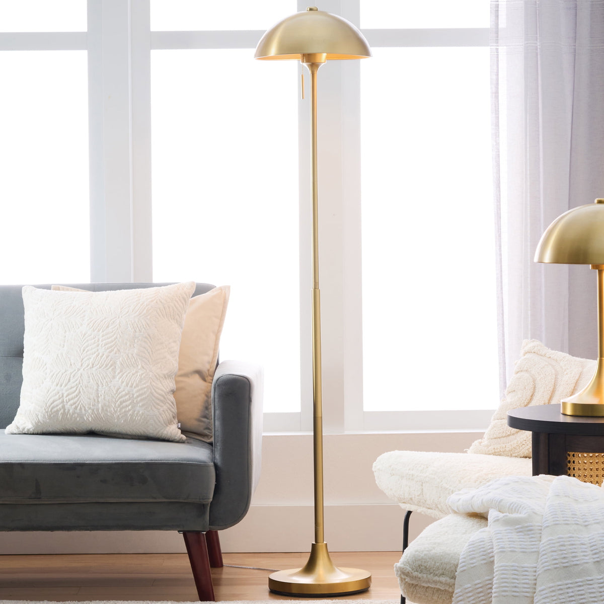 Velmora™ 62" Modern Pull-chain Brass Floor Lamp with Brass Dome Shade