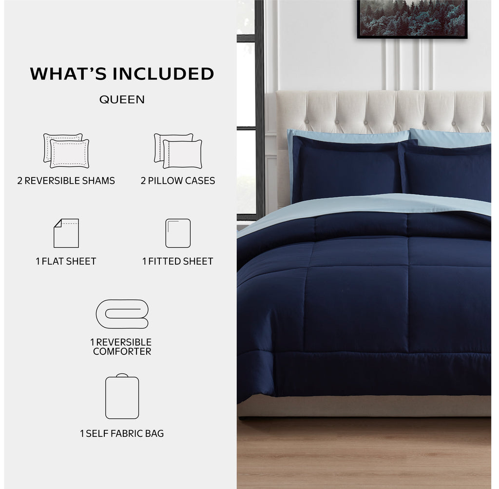 Velmora™ Reversible 7-Piece Bed-in-a-Bag Bedding Set, Queen, Navy