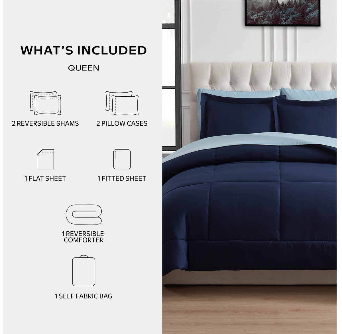 Velmora™ Reversible 7-Piece Bed-in-a-Bag Bedding Set, Queen, Navy