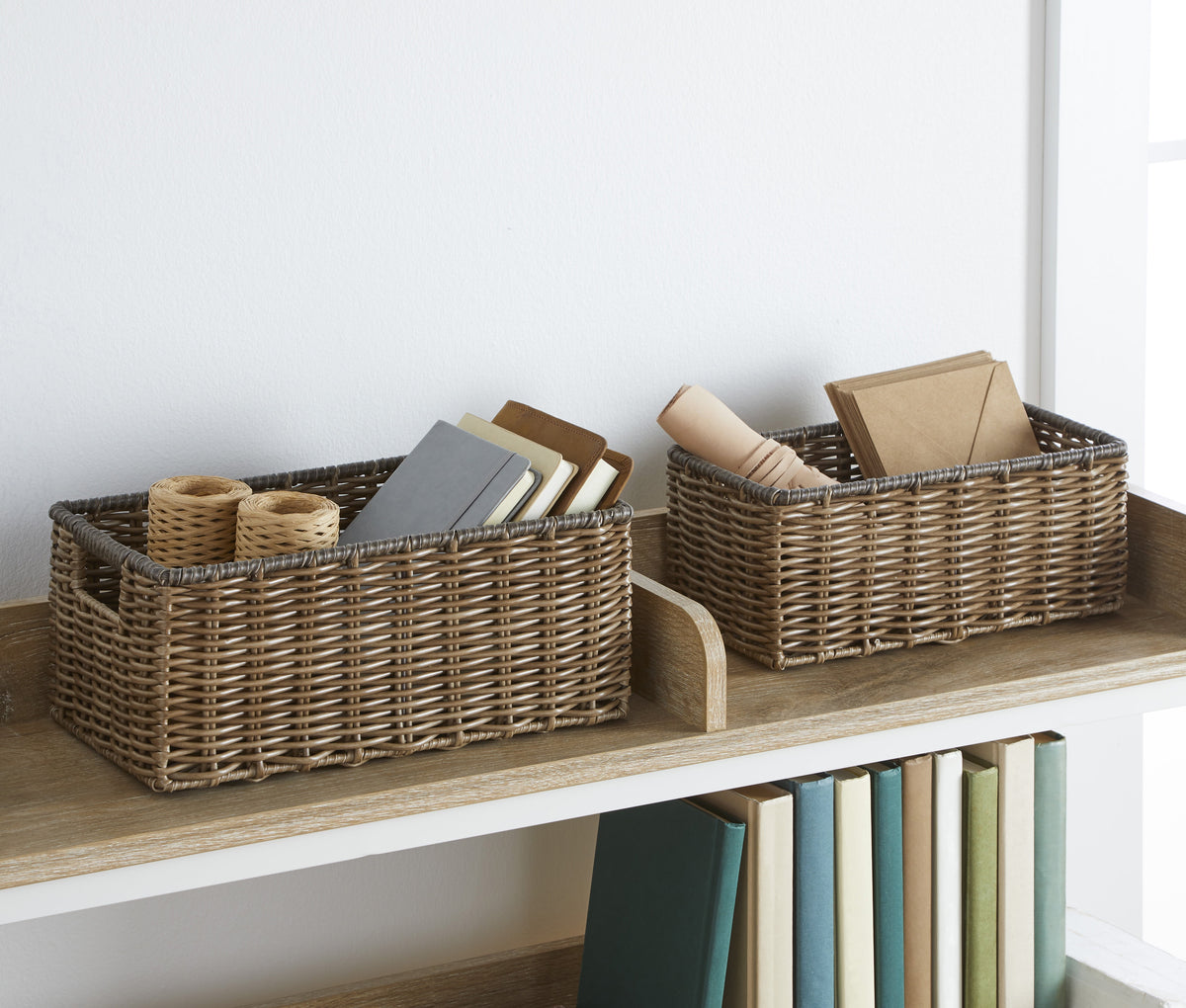 Velmora™ 2-Piece Poly Rattan Decorative Storage Basket Set, 13.5 in x 7.5 in x 5.5 in
