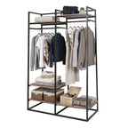 Velmora™ Jace Freestanding Metal 2-Rod Garment Clothes Rack with 4 Wooden Shelves, Black