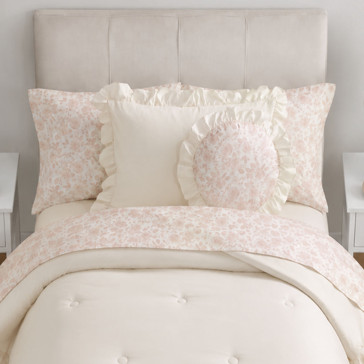 Velmora™ Reversible 8-Piece Bed-in-a-Bag Comforter and Sheet Set, Twin/Twin-XL, Cream Ruffle