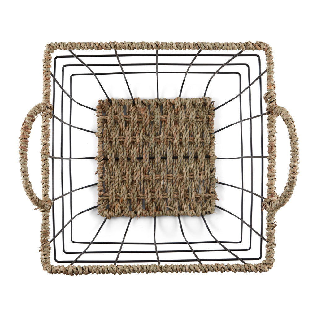 Velmora™ 2-Pack Square Wire Storage Baskets with Woven Trim, Black Metal, 10"L x 10"W x 10"H – Decorative Bin for Pantry, Closet, Bathroom, or Office Organization