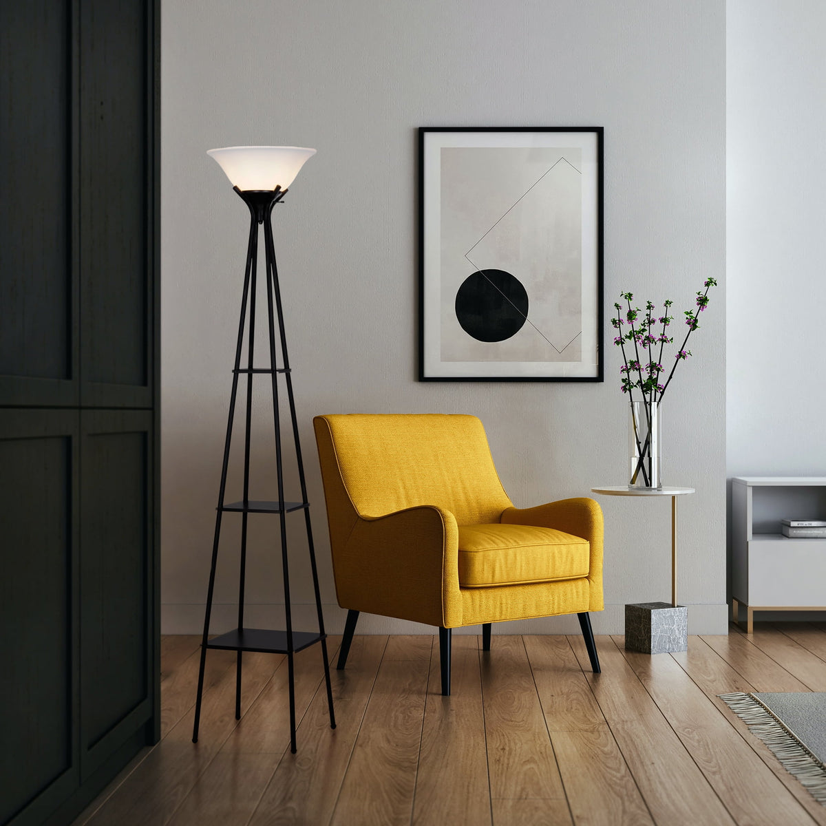 Velmora™ Metal Etagere Floor Lamp with Shelves, Charcoal Finish