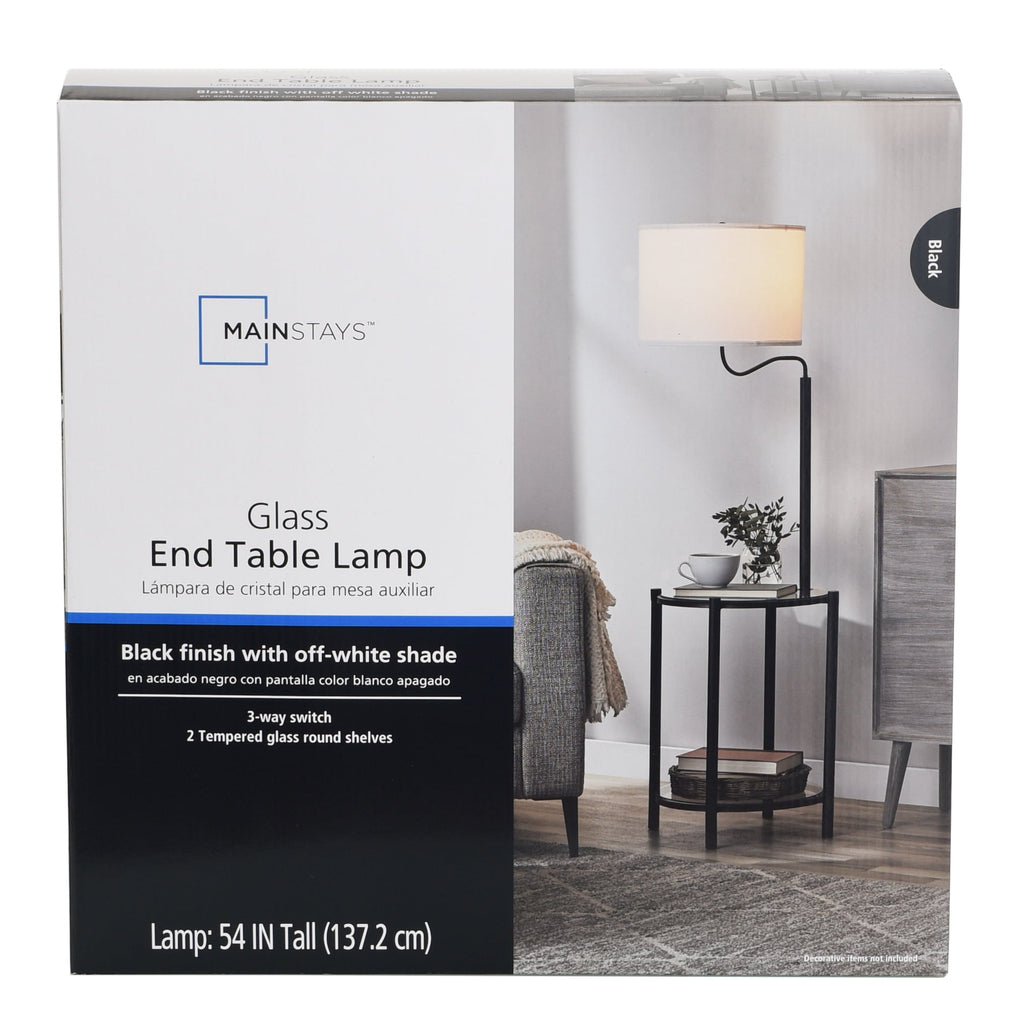 Velmora™ Glass End Table Floor Lamp with White Shade, Matte Black, 17"L x 17"W x 54"H