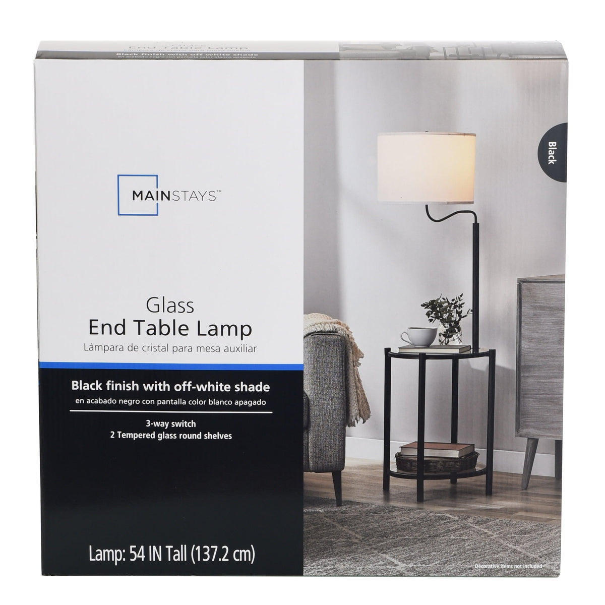 Velmora™ Glass End Table Floor Lamp with White Shade, Matte Black, 17"L x 17"W x 54"H