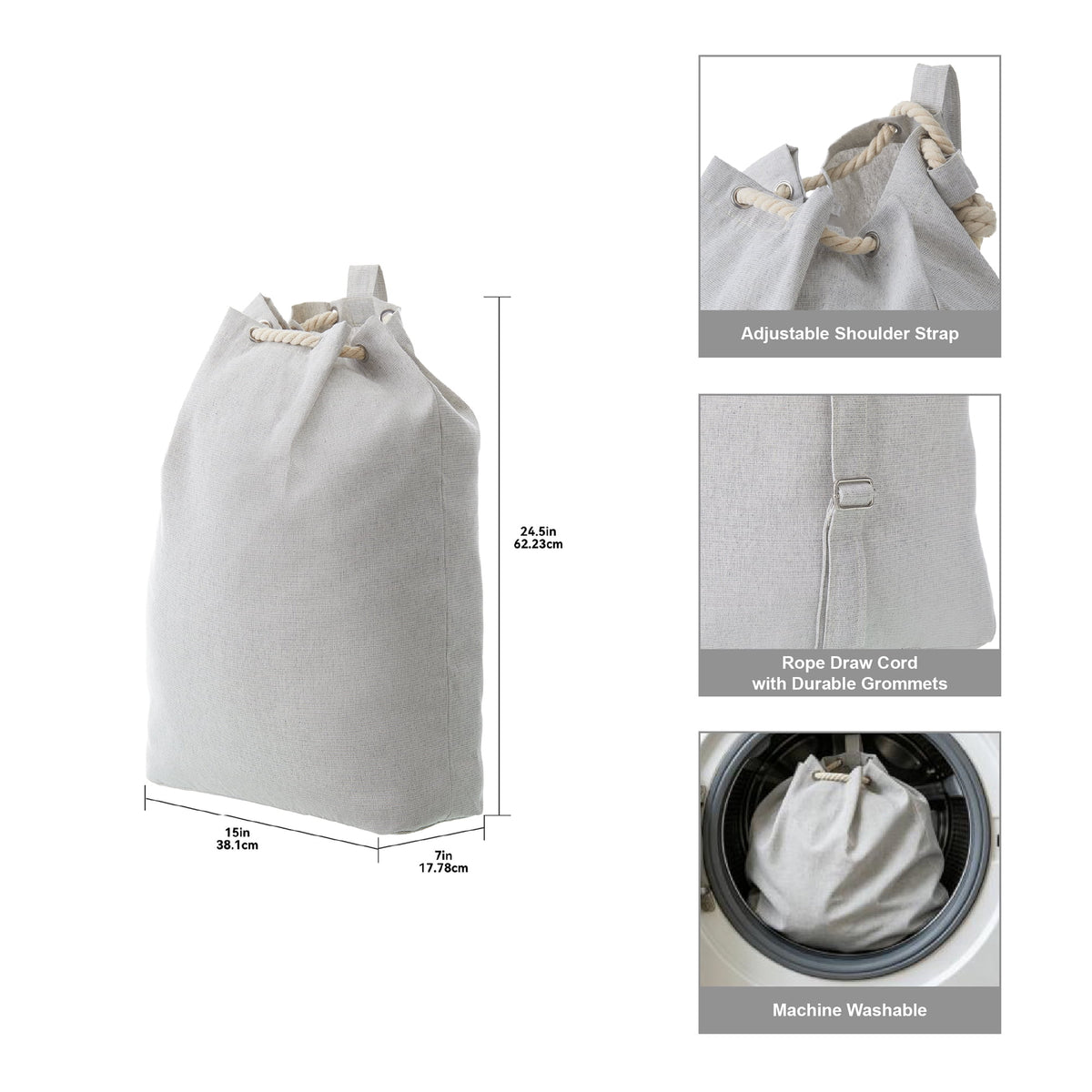 Velmora™ (2 pack) Polyester and Cotton Canvas Laundry Bag, Gray, 15 in W x 7 in D x 24.5 in H