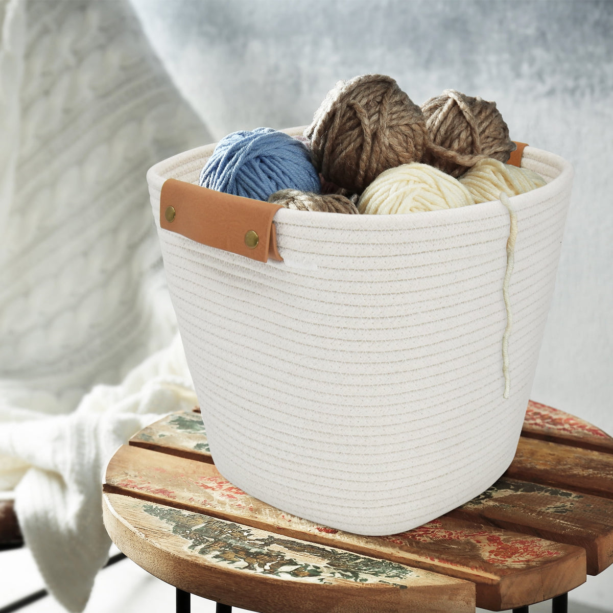 Velmora™ (4 pack) Medium White Cotton Rope Decorative Storage Basket, 11 in x 11 in