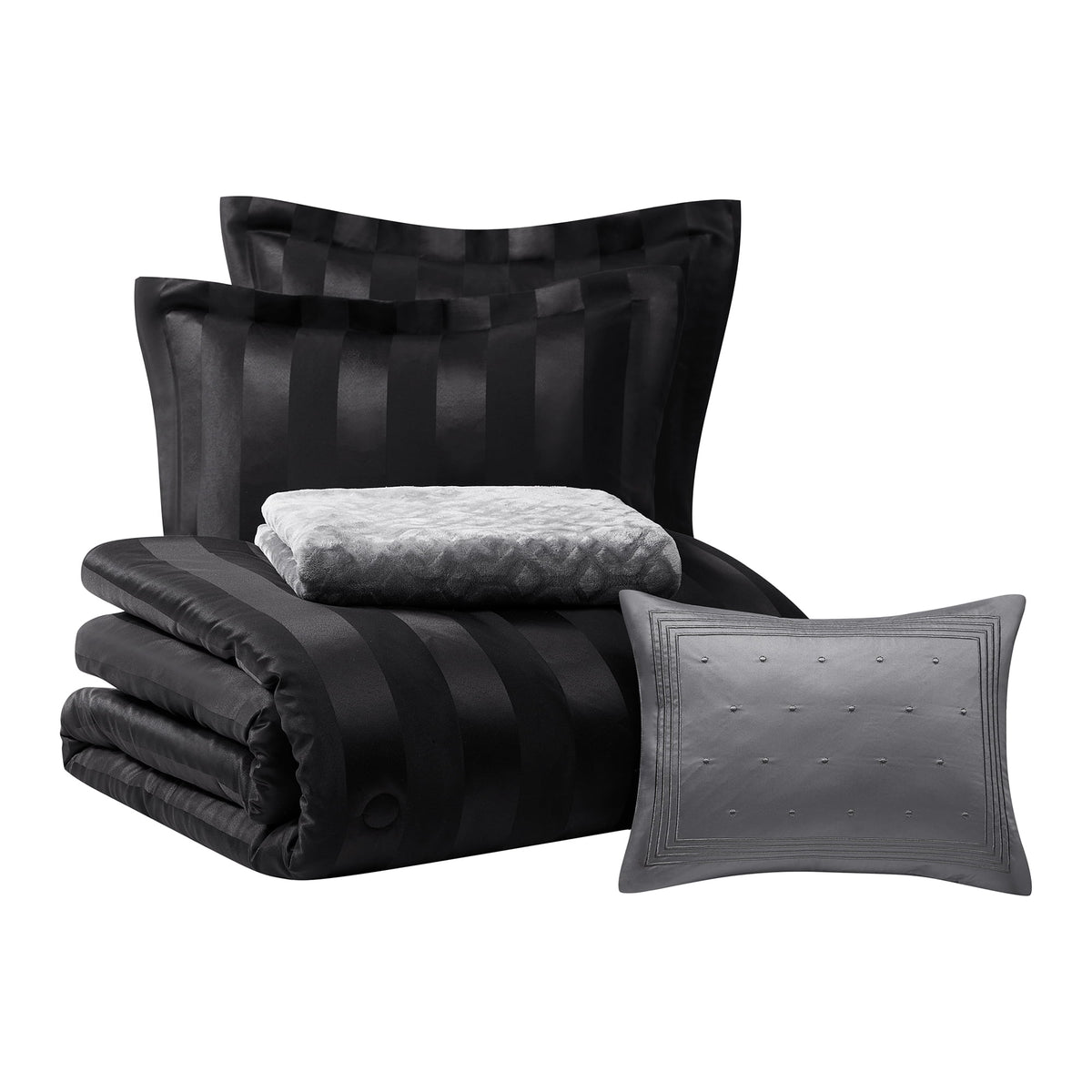 Velmora™ Rich Black 5 Piece Damask Stripe Comforter Set, King, Adult, Unisex