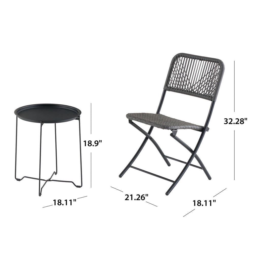 Velmora™ 3-Piece Steel and Wicker Rope Folding Outdoor Patio Bistro Set, Gray/Black