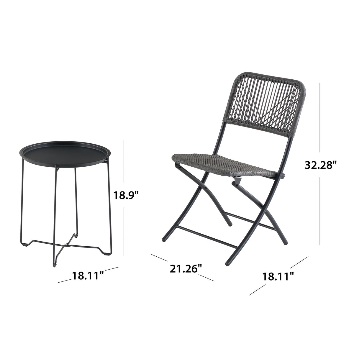 Velmora™ 3-Piece Steel and Wicker Rope Folding Outdoor Patio Bistro Set, Gray/Black