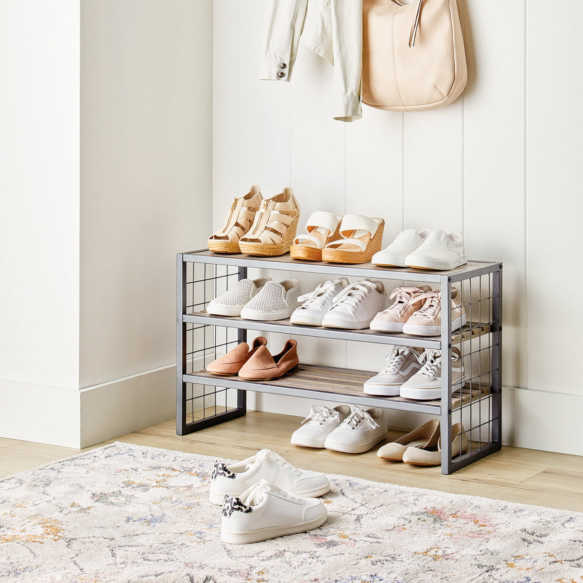Velmora™ Farmhouse 3 Tier Shoe Rack, Gray, 30" W x 12" D x 18" H