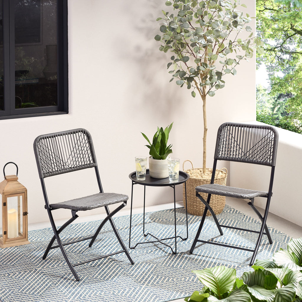 Velmora™ 3-Piece Steel and Wicker Rope Folding Outdoor Patio Bistro Set, Gray/Black