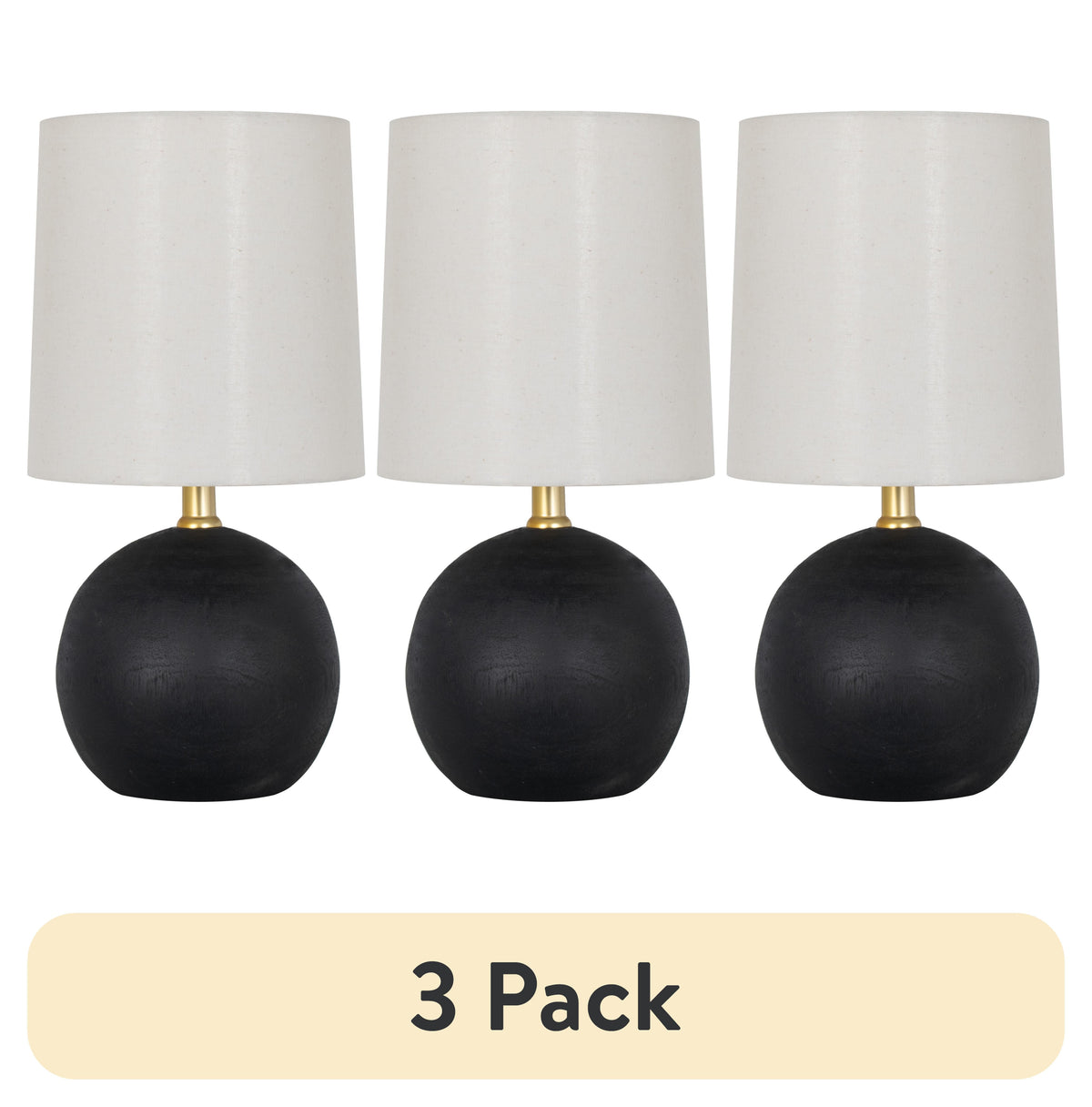 Velmora™ (3 pack) 12.5” Mini Black Wood Ball Table Lamp with White Fabric Shade
