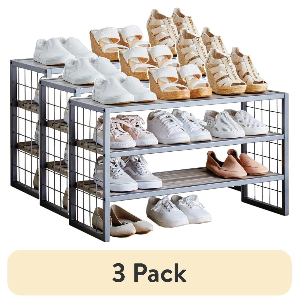 Velmora™ (3 pack) Decorative Gunmetal Grey Wood and Metal Shoe Rack