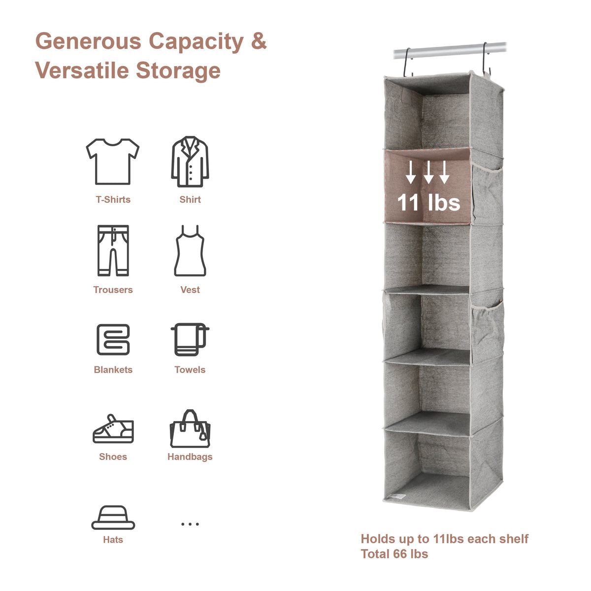 Velmora™ (4 pack) Gray Hanging Closet Organizer With 6 Shelves & Side Pockets